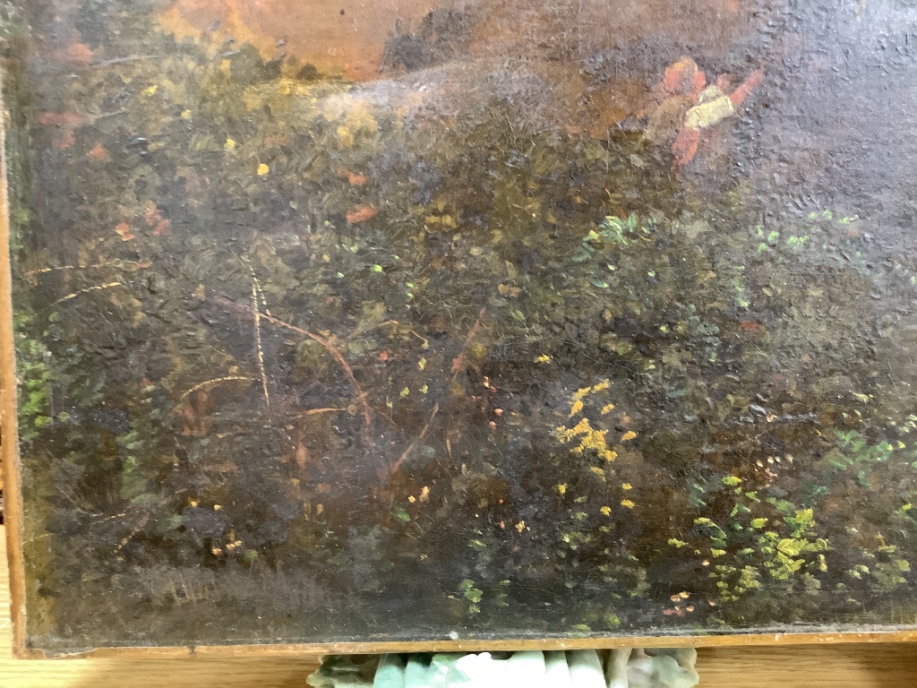 Victorian School, oil on canvas, Figures picking fruit in a landscape, indistinct label verso, 48 x 65cm, unframed